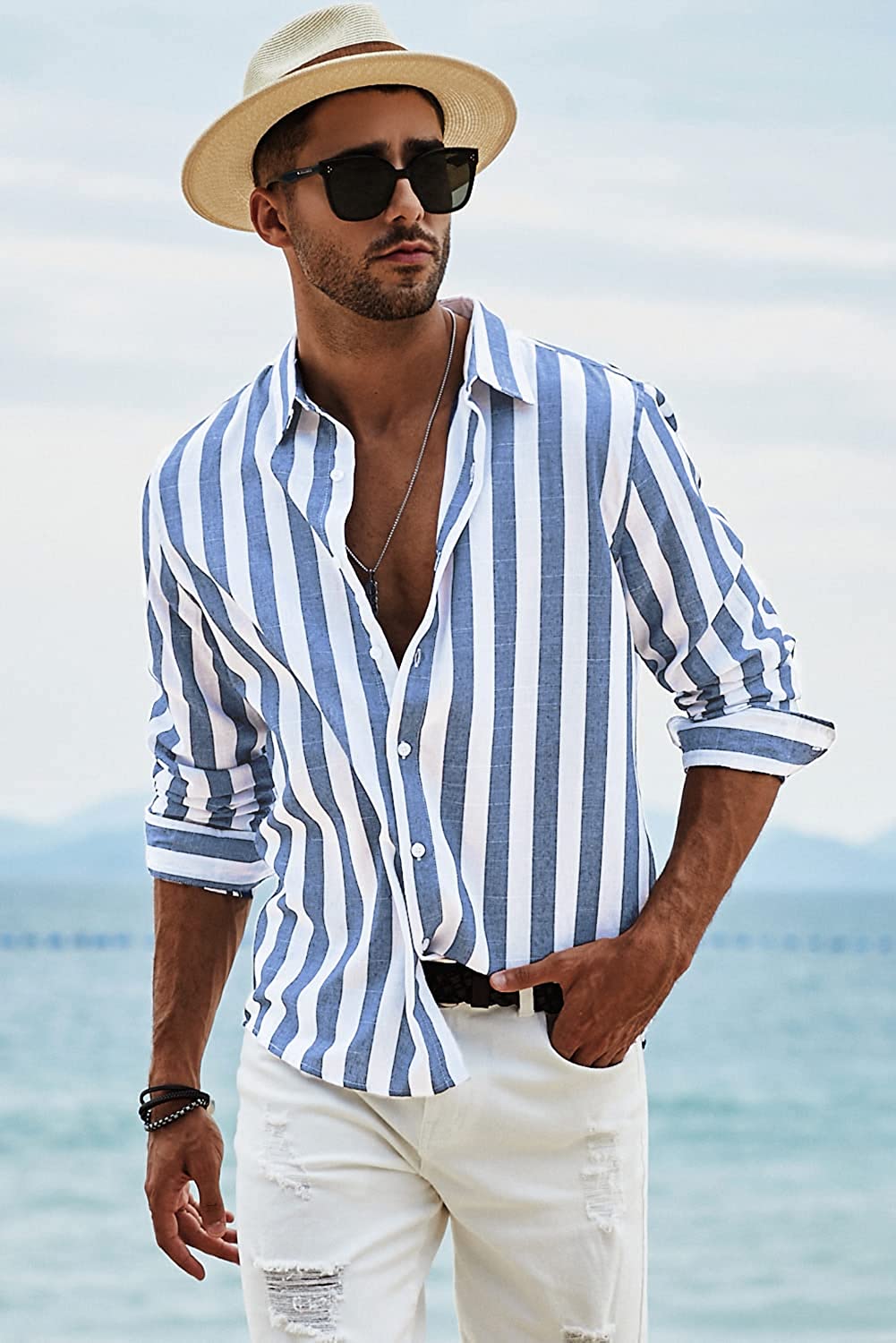 260414095233850_1 JMIERR Men's Casual Stylish Long Sleeve Button-Down Shirts Striped Dress Shirts Cotton Shirt - Image 1